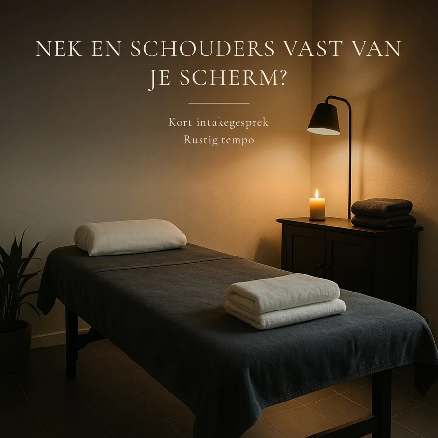 Voorbeeld van een post: 'Nek en schouders vast van je scherm?' over een sfeerbeeld van een massageruimte