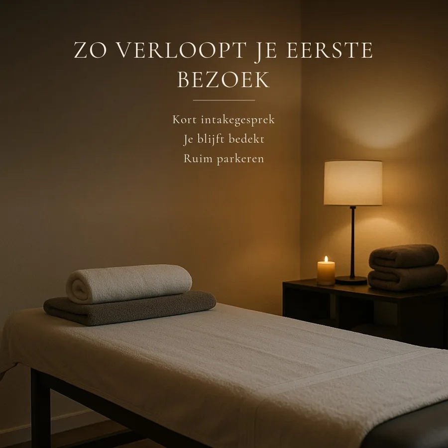 Voorbeeld van een post: 'Zo verloopt je eerste bezoek' over een sfeerbeeld van een massageruimte